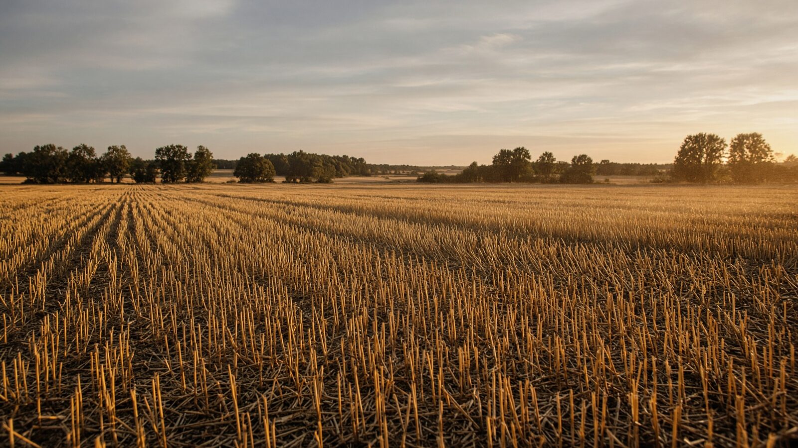 Rows of cut cereal stubble running to a treeline at low evening sun.