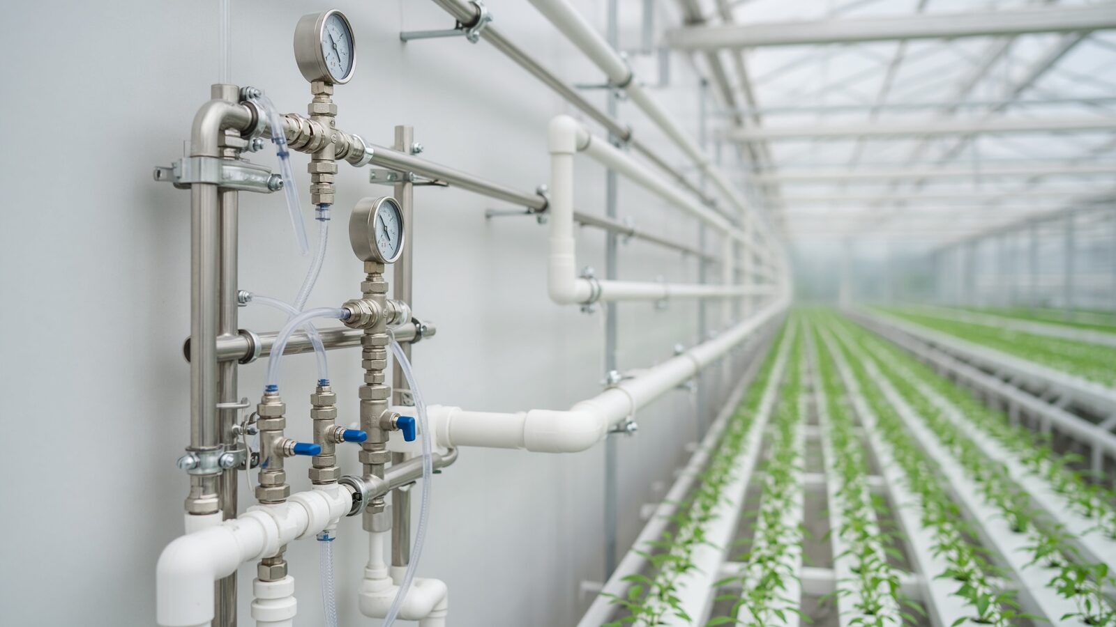 A stainless dosing manifold with pressure gauges and clear tubing on a greenhouse wall, white pipework running out toward long rows of seedlings.